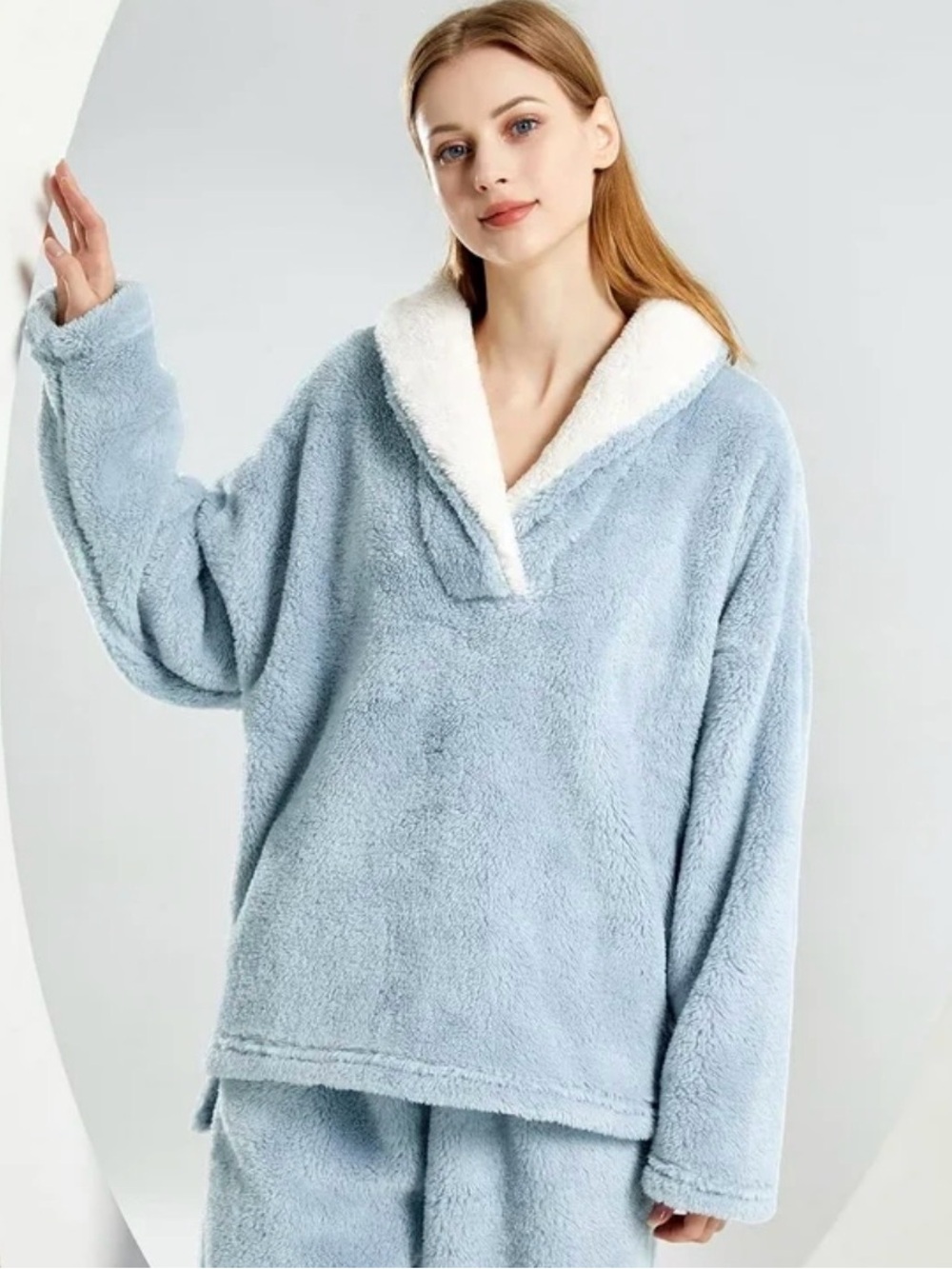 Amazon Plush Fleece Lounge Top - Light Blue with White Sherpa Collar